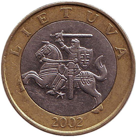 Монета 2 лита. 2002 год, Литва. Из обращения. Рыцарь.