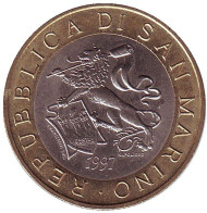 Монета 1000 лир. 1997 год, Сан-Марино. Геральдический лев. Дворец. Монета 1000 лир. 1997 год, Сан-Марино. Геральдический лев. Дворец.