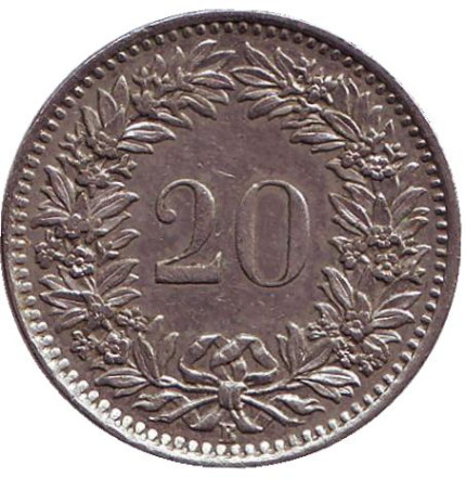 Монета 20 раппенов. 1961 год, Швейцария.