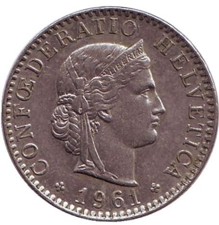 Монета 20 раппенов. 1961 год, Швейцария. Монета 20 раппенов. 1961 год, Швейцария.
