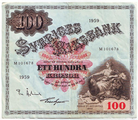 Банкнота 100 крон. 1959 год, Швеция.