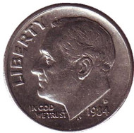 Монета 10 центов. 1984 (D) год, США. Рузвельт. Монета 10 центов. 1984 (D) год, США. Рузвельт.