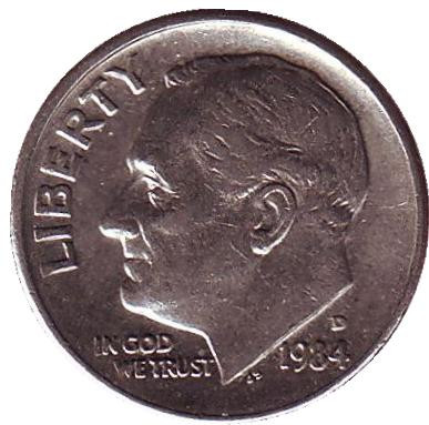 Монета 10 центов. 1984 (D) год, США. Рузвельт.