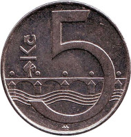 Монета 5 крон. 2008 год, Чехия. Монета 5 крон. 2008 год, Чехия.