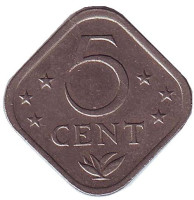 Монета 5 центов, 1977 год, Нидерландские Антильские острова.