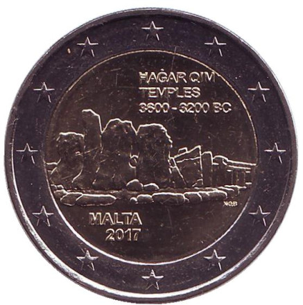 Монета 2 евро. 2017 год, Мальта. Хаджар-Ким. Доисторические города Мальты.