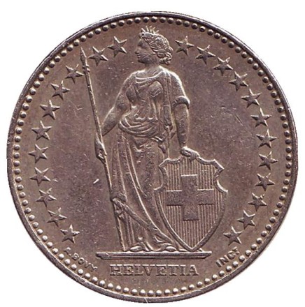 Монета 2 франка. 1998 год, Швейцария. Гельвеция. Монета 2 франка. 1998 год, Швейцария. Гельвеция.