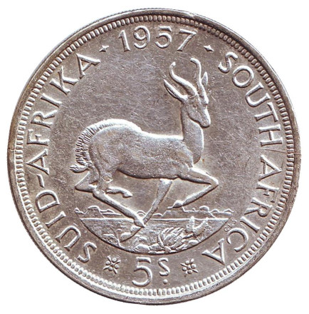 Монета 5 шиллингов. 1957 год, ЮАР. Антилопа.