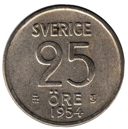 Монета 25 эре. 1954 год, Швеция.