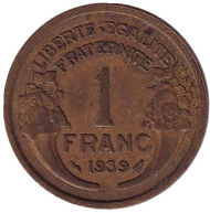 Монета 1 франк. 1939 год, Франция. Монета 1 франк. 1939 год, Франция.
