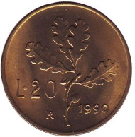 Монета 20 лир. 1990 год, Италия. Дубовая ветвь. Монета 20 лир. 1990 год, Италия. Дубовая ветвь.
