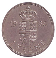 Монета 1 крона. 1986 год, Дания. Монета 1 крона. 1986 год, Дания.
