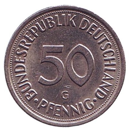 Монета 50 пфеннигов. 1980 год (G), ФРГ. Женщина, сажающая дуб. Монета 50 пфеннигов. 1980 год (G), ФРГ. Женщина, сажающая дуб.