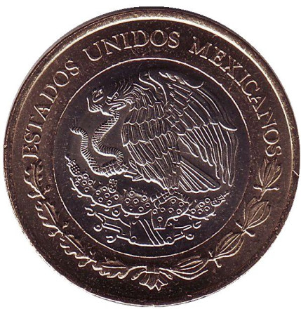 Монета 10 песо. 2017 год, Мексика. UNC Тонатиу. Ацтекский солнечный камень. Орёл.