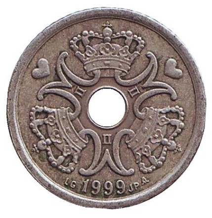 Монета 1 крона. 1999 год, Дания. Монета 1 крона. 1999 год, Дания.