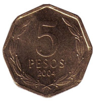 Монета 5 песо. 2004 год, Чили. Бернардо О’Хиггинс. Монета 5 песо. 2004 год, Чили. Бернардо О’Хиггинс.