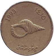 Монета 2 руфии. 1995 год, Мальдивы. Морская раковина. Монета 2 руфии. 1995 год, Мальдивы. Морская раковина.