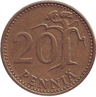 Монета 20 пенни. 1975 год, Финляндия. Монета 20 пенни. 1975 год, Финляндия.