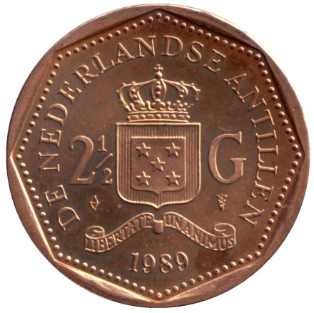 Монета 2,5 гульдена. 1989 год, Нидерландские Антильские острова.