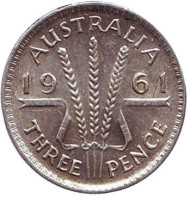 Монета 3 пенса. 1961 год, Австралия. Монета 3 пенса. 1961 год, Австралия.