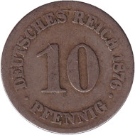 Монета 10 пфеннигов. 1876 год (С), Германская империя. Монета 10 пфеннигов. 1876 год (С), Германская империя.