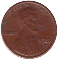 Монета 1 цент. 1980 год (D), США. Линкольн. Монета 1 цент. 1980 год (D), США. Линкольн.