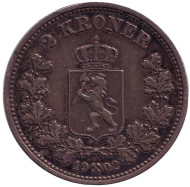 Монета 2 кроны. 1902 год, Норвегия. Оскар II. Монета 2 кроны. 1902 год, Норвегия. Оскар II.