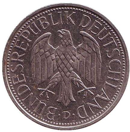 Монета 1 марка. 1990 год (D), ФРГ. (из обращения) Монета 1 марка. 1990 год (D), ФРГ. (из обращения)