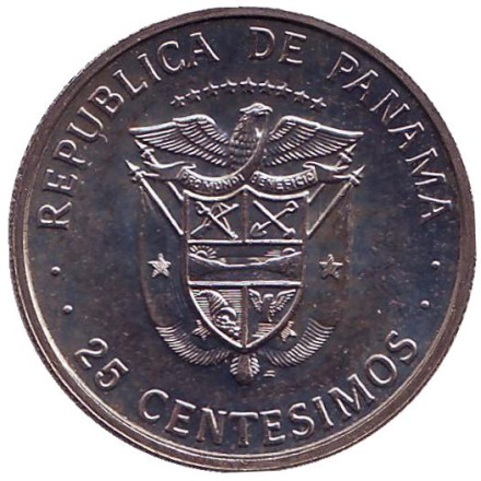 Монета 25 сентесимо. 1980 год, Панама. BU. Хусто Аросемена. Монета 25 сентесимо. 1980 год, Панама. BU. Хусто Аросемена.