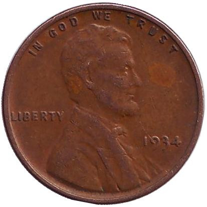 Монета 1 цент. 1934 год, США. (Без отметки монетного двора) Линкольн.
