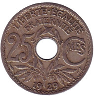 Монета 25 сантимов. 1929 год, Франция. Монета 25 сантимов. 1929 год, Франция.