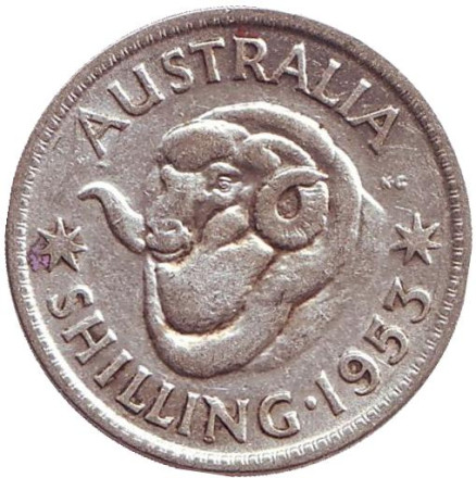 Монета 1 шиллинг. 1953 год, Австралия. Баран.