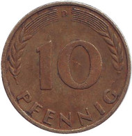 Монета 10 пфеннигов. 1969 год (D), ФРГ. Дубовые листья. Монета 10 пфеннигов. 1969 год (D), ФРГ. Дубовые листья.