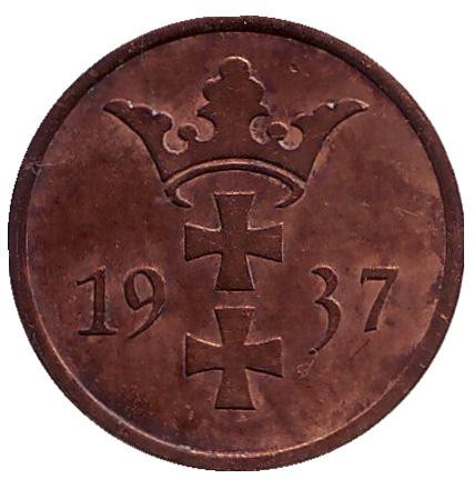 Монета 2 пфеннига. 1937 год, Данциг. Монета 2 пфеннига. 1937 год, Данциг.
