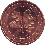 Монета 5 центов. 2002 год (A), Германия. Монета 5 центов. 2002 год (A), Германия.
