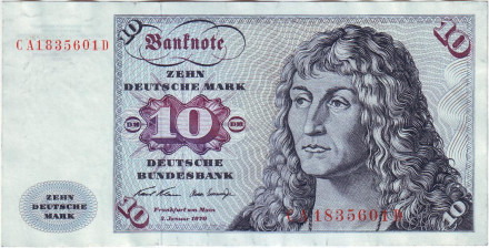 Банкнота 10 марок. 1970 год, ФРГ. Тип 1. Портрет молодого человека. Барк "Горх Фох".
