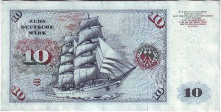 Банкнота 10 марок. 1970 год, ФРГ. Тип 1. Портрет молодого человека. Барк "Горх Фох". Банкнота 10 марок. 1970 год, ФРГ. Тип 1. Портрет молодого человека. Барк "Горх Фох".