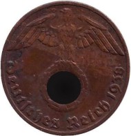 Монета 1 рейхспфенниг. 1938 год, Германия (Третий Рейх). (E). Монета 1 рейхспфенниг. 1938 год, Германия (Третий Рейх). (E).