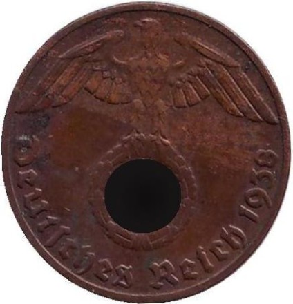 Монета 1 рейхспфенниг. 1938 год, Германия (Третий Рейх). (E).