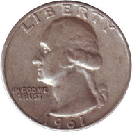 Монета 25 центов. 1961 год, США. (Отметка монетного двора D). Вашингтон. Монета 25 центов. 1961 год, США. (Отметка монетного двора D). Вашингтон.