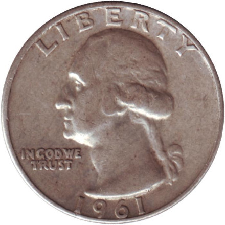 Монета 25 центов. 1961 год, США. (Отметка монетного двора D). Вашингтон.