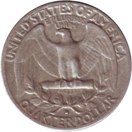 Монета 25 центов. 1961 год, США. (Отметка монетного двора D). Вашингтон. Монета 25 центов. 1961 год, США. (Отметка монетного двора D). Вашингтон.