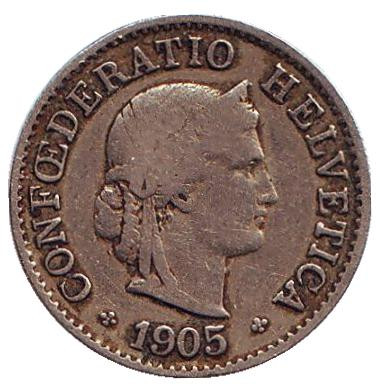 Монета 5 раппенов. 1905 год, Швейцария. Монета 5 раппенов. 1905 год, Швейцария.