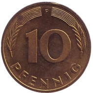 Монета 10 пфеннигов. 1987 год (F), ФРГ. Дубовые листья. Монета 10 пфеннигов. 1987 год (F), ФРГ. Дубовые листья.
