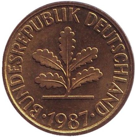Монета 10 пфеннигов. 1987 год (F), ФРГ. Дубовые листья. Монета 10 пфеннигов. 1987 год (F), ФРГ. Дубовые листья.
