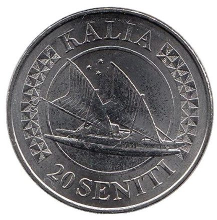 Монета 20 сенити. 2015 год, Тонга. Калия. Тонганская парусная двухкорпусная лодка.