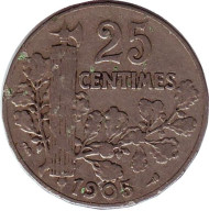 Монета 25 сантимов. 1905 год, Франция. Монета 25 сантимов. 1905 год, Франция.