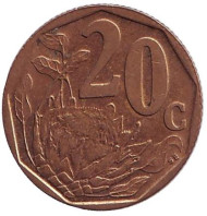 Монета 20 центов. 1997 год, ЮАР. Цветок протея. Монета 20 центов. 1997 год, ЮАР. Цветок протея.
