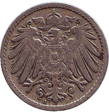 Монета 5 пфеннигов. 1906 год (D), Германская империя. Монета 5 пфеннигов. 1906 год (D), Германская империя.