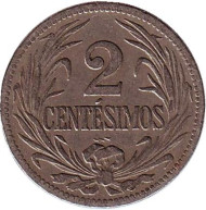 Монета 2 сентесимо. 1924 год, Уругвай. Монета 2 сентесимо. 1924 год, Уругвай.